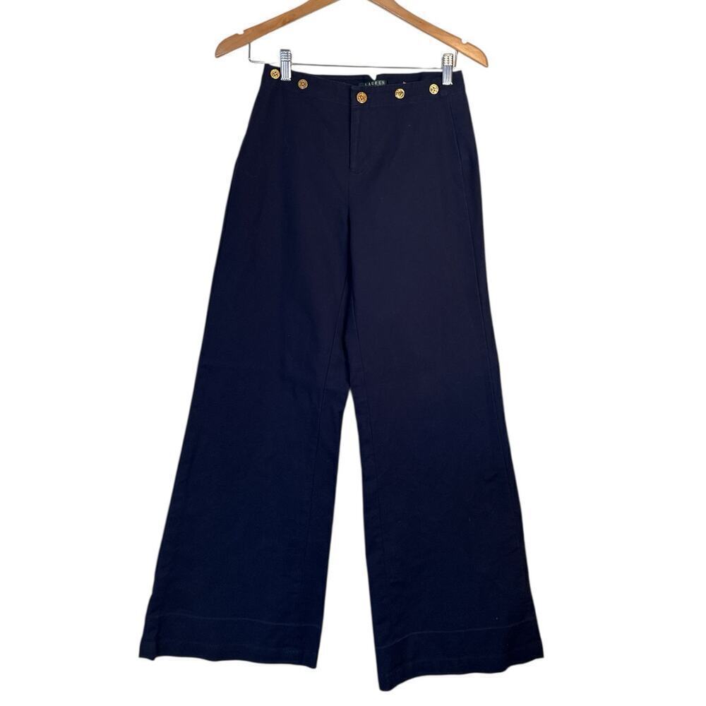 Lauren by Ralph Lauren Women Nautical Cotton Stretch Wide Leg Pants Size 2 Navy